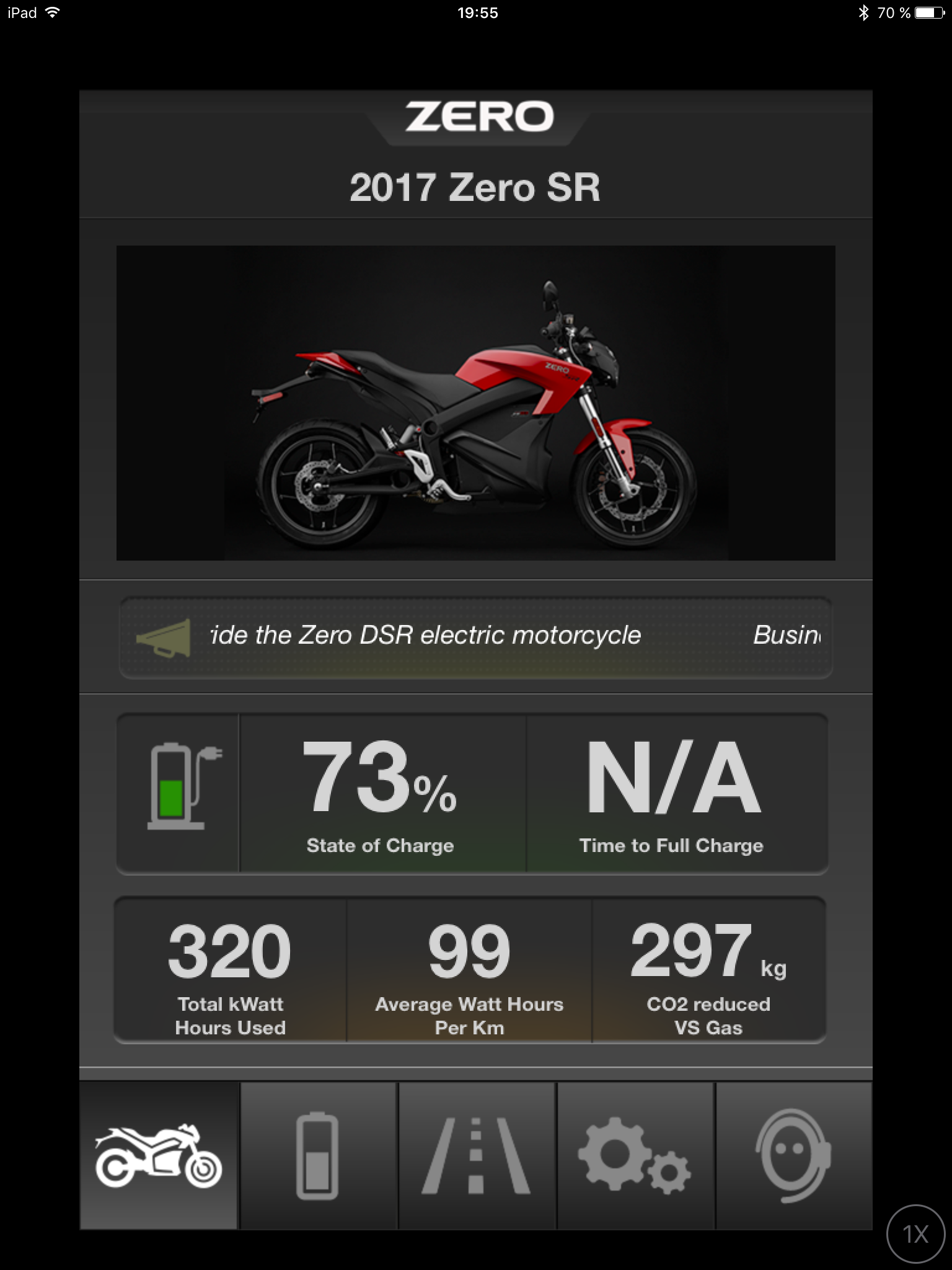Via appen Zero Motorcycles kan du koppla ihop dig med en Zero-motorcykel via Bluetooth. Bild: Skärmdump från appen i en iPad.