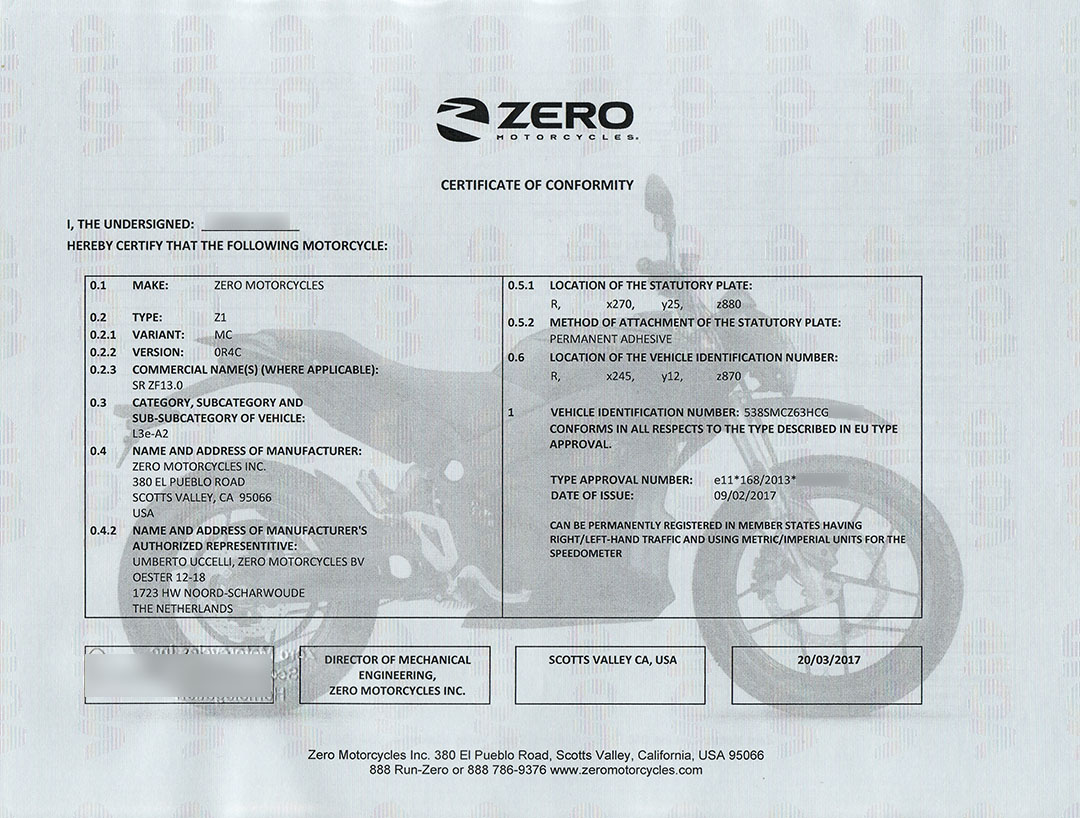Zeros CoC-intyg för vår första importerade Zero SR.