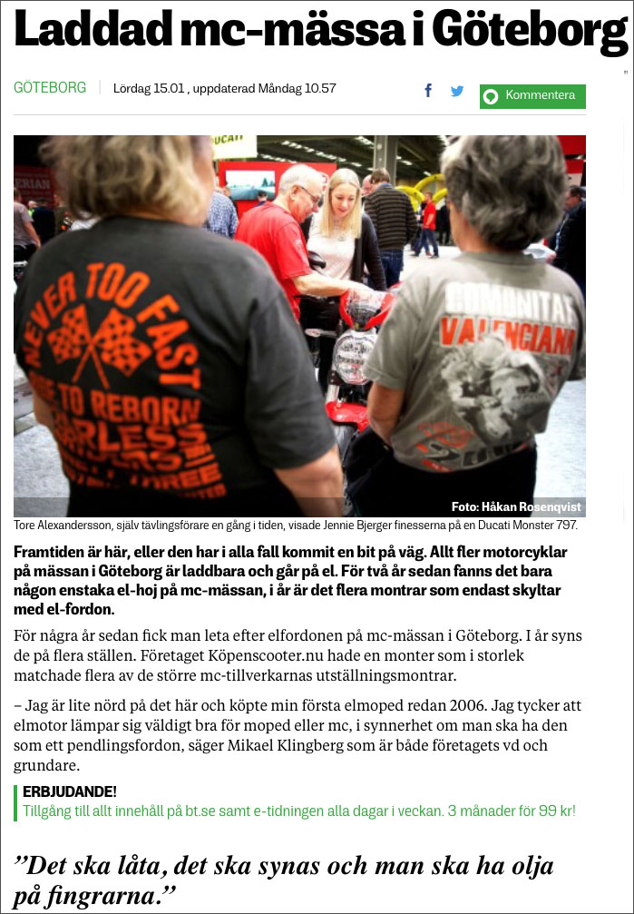 Borås Tidning skriver om eldrivna och vanliga motorcyklar på MC mässan 2020.